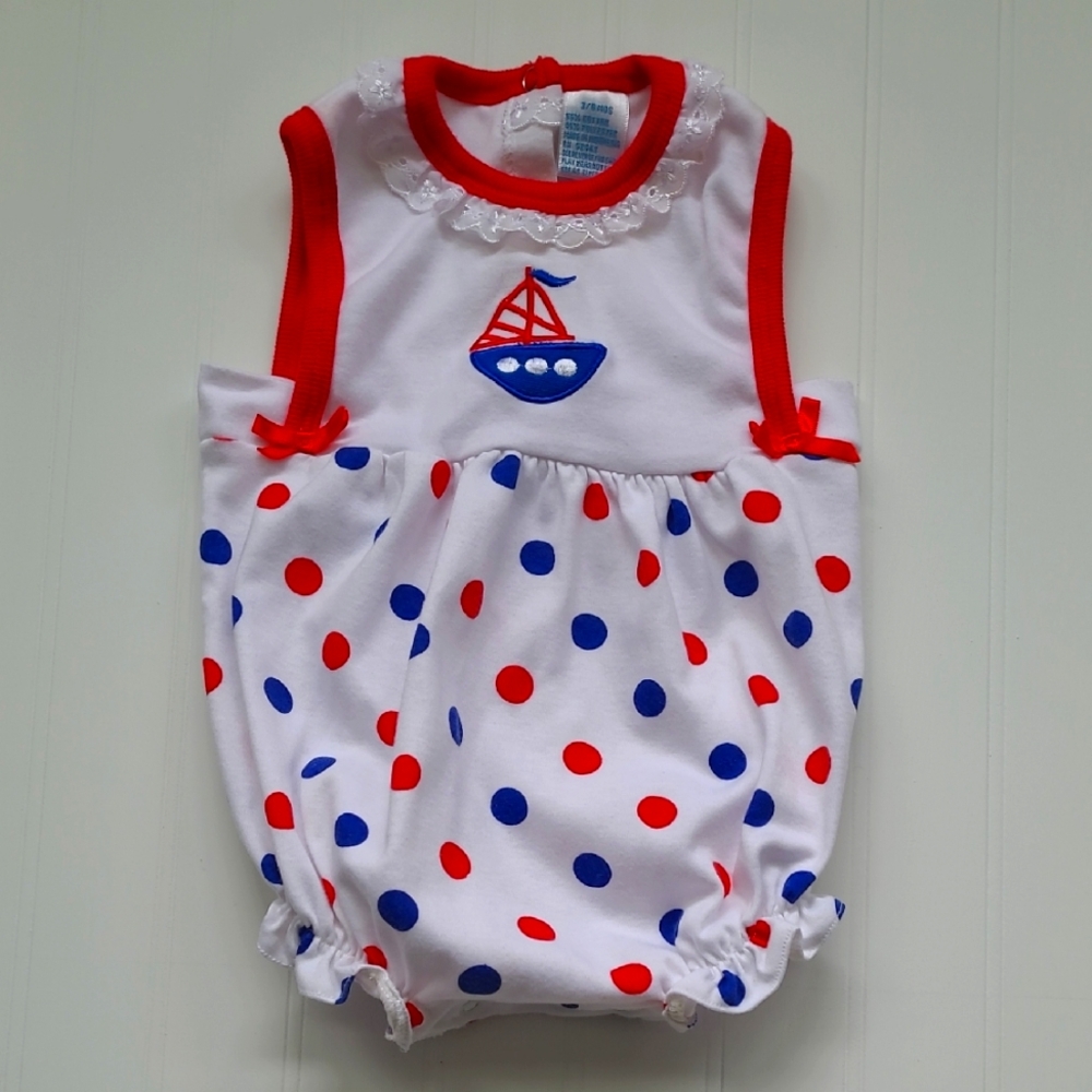 Vintage White Baby Romper with Red and Blue Polka Dots, Sailboat, Ruffle, 3/6 M